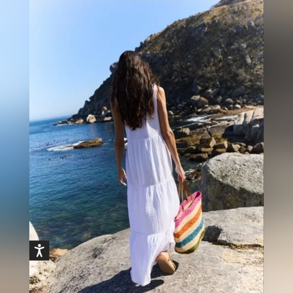 BODEN Broderie Mix Jersey Maxi Dress US 14 White Tiered Frill Sleeve V-Neck - Picture 8 of 14